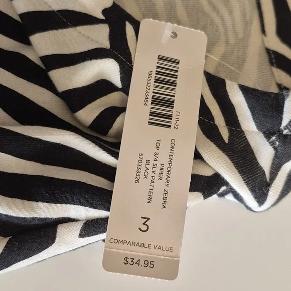CHICO'S NWT 3 Black White Zebra Print Top 100% Cotton 3/4 Sleeve Tunic Blouse - Picture 4 of 7
